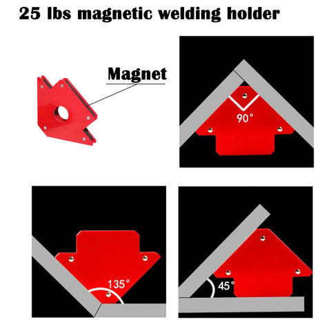 Complete Welding Kit With Magnetic Holder And Heavy Duty Chipping Hammer With Coil Spring Steel Wire Brush Durable Canvas Welding Gloves All In One Pro Grade Rust Removal And Fabrication Set For Pros showing red magnetic holder at angles.