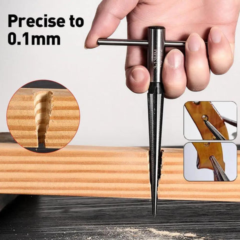 Two Pack Tapered Reamer Set With Six Fluted Chamfer Reamers And T Handle For Metal And Plastic Holes demonstration in wood