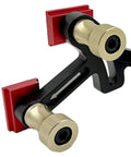 Buttery Smooth Glide No Sweat Setup Rock Solid Precision Tracking Table Saw Stock Guides With Shockproof Aluminum Rollers and Dual Bearing Push Blocks For Woodworking Cuts close-up of aluminum guide system with red pads and gold knobs