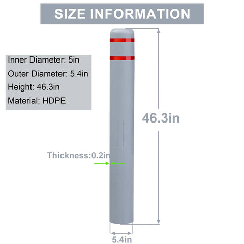 Built Like A Tank Hdpe Bollard Cover 5 X 46 Inch Grey Push On Post Sleeve with size details and reflective collars.