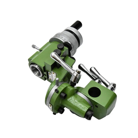 Rock Solid Universal Knife Holder And Milling Cutter Sharpener Body Built Tough For Weekend Warriors And Garage Shops, green metal tool with adjusting knobs.