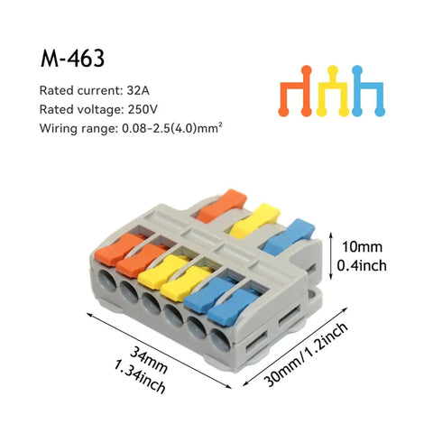 Quick Push-In Wire Connector Kit Fast Tool-Free Terminal Block For Splicing Solid Stranded Copper Conductors In Home Projects And Lighting Installations Flame-Retardant Pa66 Housing With Tin Plated Contacts Rated For High Current Up To 32 Amps, M-463 34x30x10mm