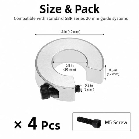 Solid Shaft Collar 20Mm Bore 40Mm OD Fits Sbr Series Rails As A Hella Secure Locking Stopper For Cnc Machines Made From Anodized Aluminum Alloy With M5 Screw Setup Ensuring Rock Solid Stability To Hit Marks Every Time With Zero Wobble Guarantee. 4 pcs, 20 mm bore, 40 mm OD, 12 mm thick