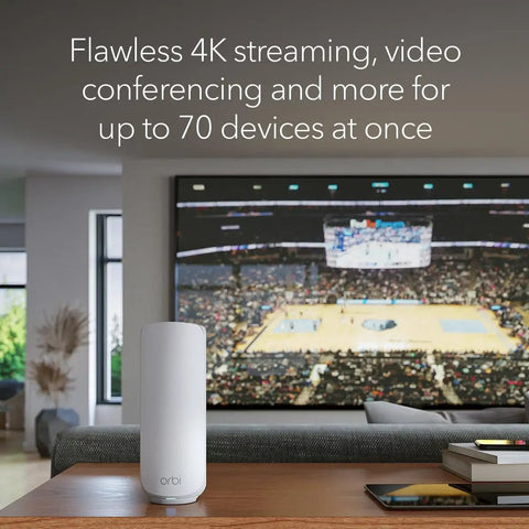 Living room with TV and WiFi 7 Mesh System For Home With Dual Band Coverage Up To 6,000 Sq Ft, 5 Gbps Speed, 70 Devices