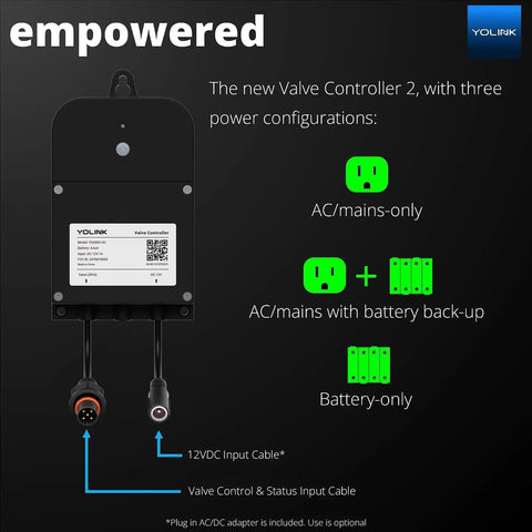 Power options for Brass 1 Inch Motorized Valve Kit With Two Wireless Controllers LoRa Long Range D2D Offline Operation Leak Sensors.