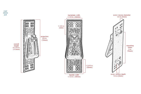 Vertical Mission Pull In Oil Rubbed Bronze For Cabinets And Drawers, side and front technical drawing with dimensions and features.