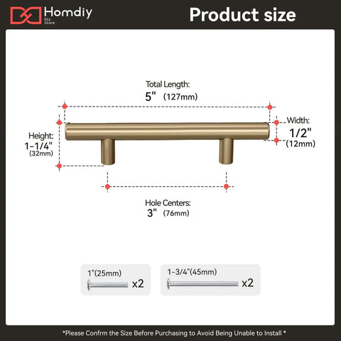 Dimensions of 15 Pack 3 Inch Champagne Bronze Cabinet Handles For Kitchen Cabinets, Drawer Pulls And Dresser Drawers With Classic Round Tube Design