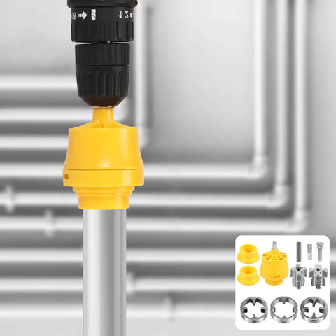 Heavy Duty Pvc Threader Kit With Electric Drill Adapter including tool head, dies and accessories for plumbing installations.