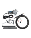 M-150 Series No Nonsense 12V Fuel Transfer Pump Kit With Manual Shutoff Unleaded Nozzle, 15 GPM, Includes Hose With Static Wire, Telescoping Suction Pipe, Tank Adapter, Fuse Assembly And Power Cord. Kit parts on white background.
