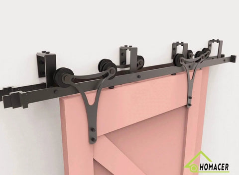 Rustic Black Sliding Barn Door Hardware Kit For Double Doors With 20ft Flat Track And U Shape Bypass Brackets installed view