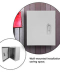Lockable Waterproof Outdoor Electrical Junction Box Enclosure shown wall-mounted, closed and open view, 25x30x14cm, weatherproof panel.