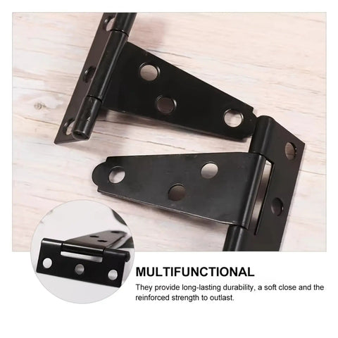 Heavy Duty T Shaped Hinges Galvanized Iron For Furniture Doors Cabinets And Gates 14 Piece Set With Durable Steel Blades And 270 Degree Rotation Hardware Built To Last., black T-shaped hinge set with 270° rotation and predrilled holes