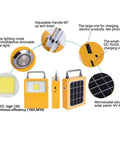 Detailed features of the Workhorse 20W Led Portable Work Light including adjustable handle, charging ports, and solar panel.