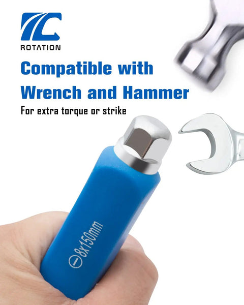 Magnetic Go-Thru 12-Piece Screwdriver Set ergonomic handle showing wrench and hammer compatibility.