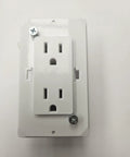 No Fuss White Duplex Electrical Wall Outlet With Grounded Three Prong Receptacle And Snazzy Beveled Cover Plate Featuring Quick Mount Hardware for easy installation.