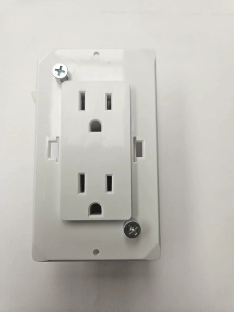 No Fuss White Duplex Electrical Wall Outlet With Grounded Three Prong Receptacle And Snazzy Beveled Cover Plate Featuring Quick Mount Hardware for easy installation.