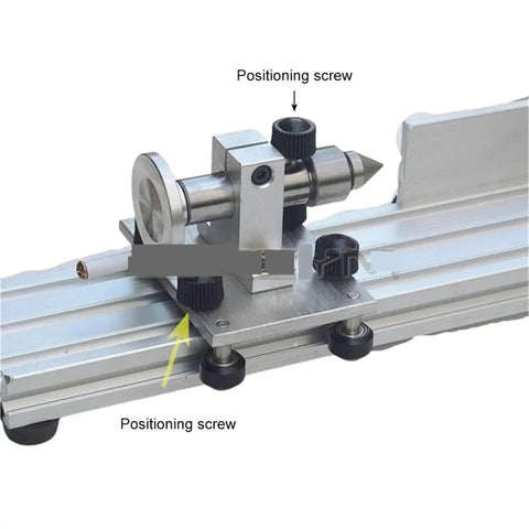 Close-up of adjustable positioning screw on Compact Mini Metal And Woodworking Lathe With Adjustable 12- to 24-Volt Speed Control.