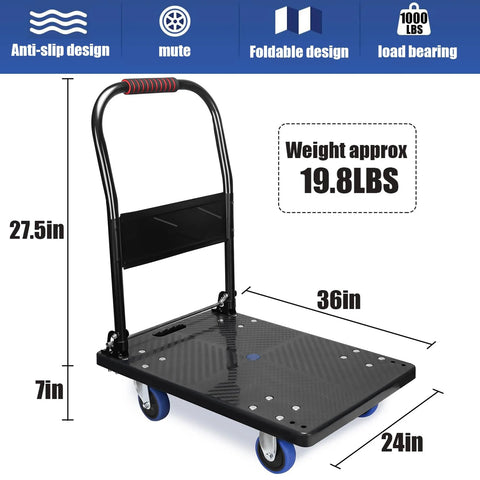 Foldable Push Cart Dolly With 360 Degree Swivel Silent Wheel Durable Reinforced Steel Construction Black platform dimensions