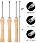 Grab This Killer Mini Carbide Wood Lathe Turning Tool Set Featuring Rust Resistant Stainless Cutters And Solid Beech Handles For Zero Stress Craftsmanship While Keeping Your Setup Neat In A Snazzy Wooden Box, 3 tools displayed with dimensions.