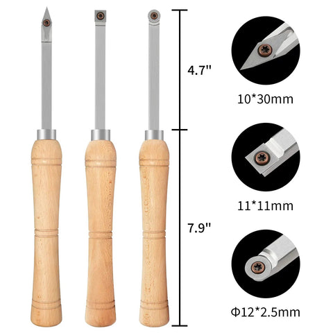 Grab This Killer Mini Carbide Wood Lathe Turning Tool Set Featuring Rust Resistant Stainless Cutters And Solid Beech Handles For Zero Stress Craftsmanship While Keeping Your Setup Neat In A Snazzy Wooden Box, 3 tools displayed with dimensions.