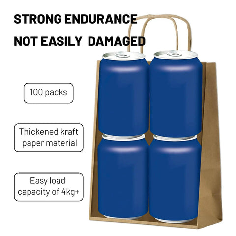 Brown Kraft Gift Bags With Durable Handles 8.25 X 5.9 X 3.15 Inches Pack Of 100 For Small Biz Christmas Weddings Parties Shopping Lunch Halloween Trick Or Treat shown carrying four blue cans.