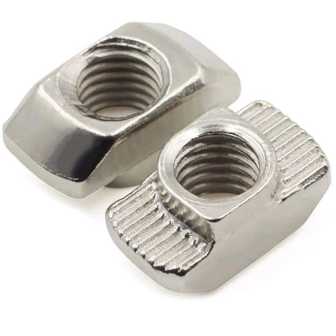 100 Pack Of M6 T Slot Nuts Forged From Nickel Plated Carbon Steel For 4545 Aluminum Extrusions featuring two angled hammer head fasteners.