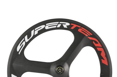 Tri Spoke Carbon Wheelset for 700c Road Bikes with Matte Finish Clinchers, showing partial view of black and red wheel.