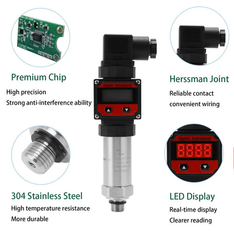 Pro Grade Digital 4-20mA Pressure Transmitter With LCD Display, 0-435 PSI Range, features premium chip and LED display