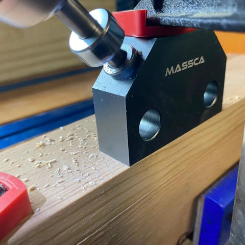 Pro Level Dowel Jig Kit Featuring Three Precision Drill Guide Bushings And Matching Bits, detailed view of drilling setup on wood.