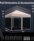 10x10 Pop Up Screened Canopy Tent With Mosquito Netting, shown with dimensions and accessories, including carry bag and pegs