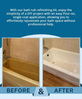Before and after of bathtub refinished with Bathtub Refinishing Kit Pour On Touch Up Coating For Tub And Tile Reglazing Odorless Non Toxic Made In USA Durable Never Peel High Gloss Finish DIY Friendly Easy DIY Project That Restores Chips And Worn Areas With A Seamless Brand New Looking Shine.