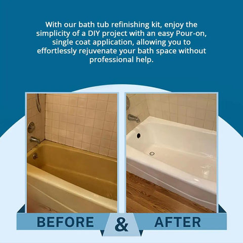 Before and after of bathtub refinished with Bathtub Refinishing Kit Pour On Touch Up Coating For Tub And Tile Reglazing Odorless Non Toxic Made In USA Durable Never Peel High Gloss Finish DIY Friendly Easy DIY Project That Restores Chips And Worn Areas With A Seamless Brand New Looking Shine.