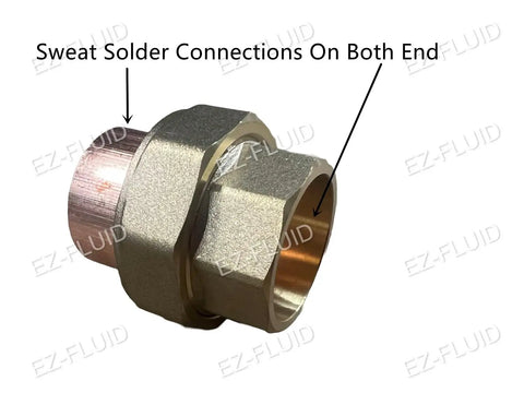 Snag Five Pack Of Three Inch Copper To Copper Union Pipe Fitting With Tough Solid Brass Core Solder Sweat Build For Fast Leaky Pipe Fixes And Stress Free Homeowner Plumbing Upgrades showing solder connections on both ends.