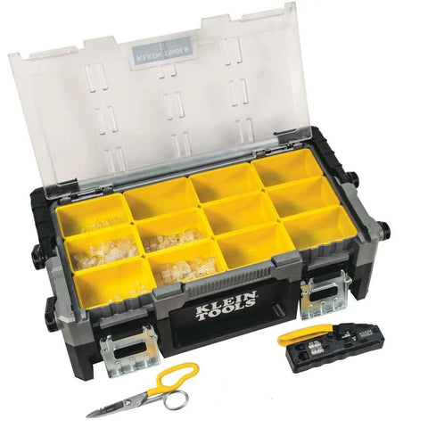 ProTech Data Kit For Twisted Pair Cabling, Lightweight Transport Case With 12 Compartments, tools, and accessories displayed