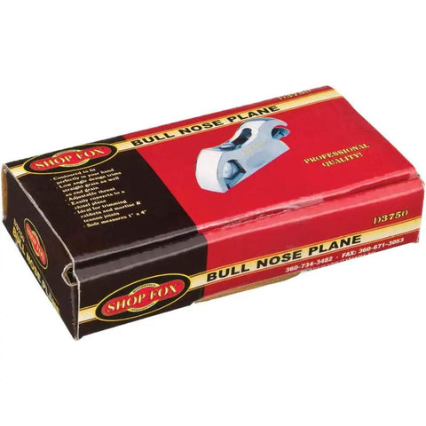 Box packaging for Bull Nose Plane With 1 Inch By 4 Inch Sole Cast Iron Nickel Plated For Precision Woodworking, red and black design.