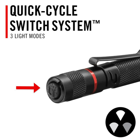 Close-up of HP3R 500 Lumen Rechargeable LED Penlight with quick-cycle switch system and pocket clip, black with red accent.