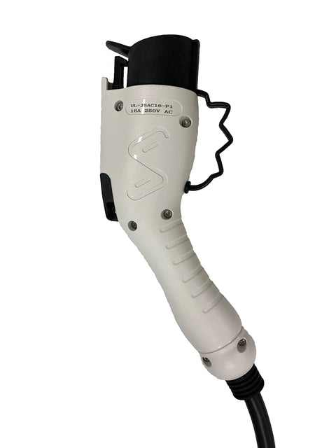 Heavy Duty Electric Vehicle Charger With 25 Foot Cord J1772 Connector close-up showing the 16A charging head and cable.