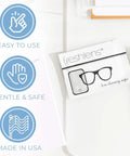 Freshends lens cleaning wipes packet with eyeglasses illustration; pre-moistened towelettes for eyeglasses and devices