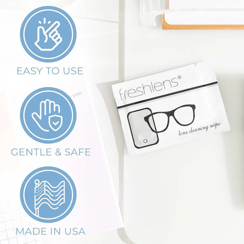 Freshends lens cleaning wipes packet with eyeglasses illustration; pre-moistened towelettes for eyeglasses and devices