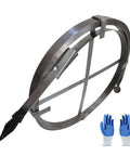 Heavy Duty Manganese Steel Drain Snake Auger Flexible Sewer Cleaning Tool That Bends Around Corners And Kicks Bad Clogs Straight Outta Your Pipes with a sharp tip and gloves.