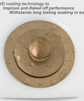 Champagne Bronze Lift And Turn Tub Trim Set With Two Hole Overflow Faceplate No Putty Gasket Tub Drain Stopper Conversion Kit With Universal Fine And Coarse Thread No Putty Installation - close-up view with water droplets