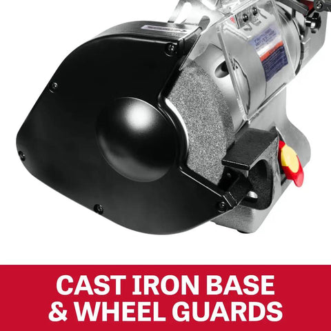 Cast iron base and wheel guards of Built Like A Tank One Horsepower Variable Speed Disc Grinder And Belt Sander Combo.