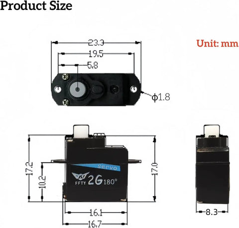 Two Pack 2G Plastic Gear Mini Servo For RC Hobbyists 3.7-5V Micro Digital Servo Kit dimensions diagram in mm with JST Connector