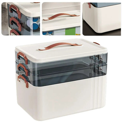 Clear Large Medical Box With Multi Layer Design for Home and Travel showing handle and compartments