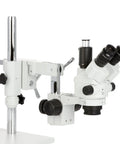 Simul-Focal 3.5X-45X Stereo Zoom Microscope With Lockable Zoom 0.5X Barlow 6.5 Inch Working Distance Greenough Optics on boom stand