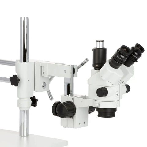 Simul-Focal 3.5X-45X Stereo Zoom Microscope With Lockable Zoom 0.5X Barlow 6.5 Inch Working Distance Greenough Optics on boom stand