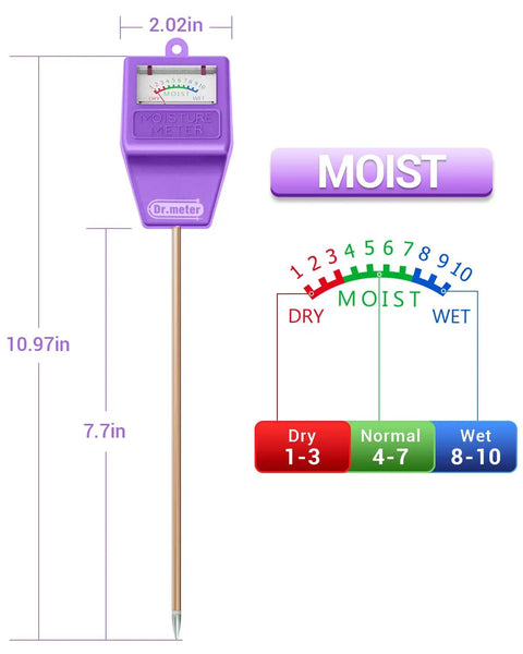 Soil Moisture Meter For Plants And Garden Hygrometer Water Sensor, 10.97 inch probe, no battery needed, color readout scale.