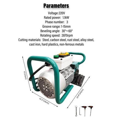 Portable Electric Beveling Machine Rolls In Easy To Bang Out Clean 30 To 60 Degree Plate Edges For Flawless Weld Prep With Rugged Cast Iron Rollers Built Tough, displayed with dimensions and power specifications.