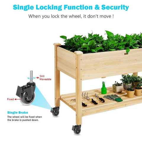 Top Tier 3 Inch Lockable Swivel Casters With Dead Silent Non Marking Rollers And 3/8 16 Threaded Stem Plus 1.5 Inch Stud on a wooden planter.