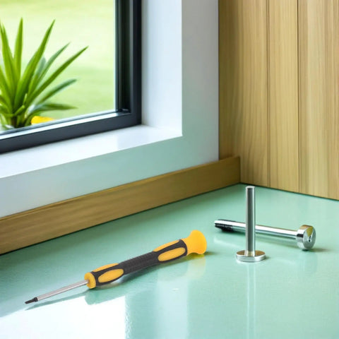 Pocket Sized Fencing Sword Tip Screwdriver With Anti Slip Handle next to a metal piece on a green surface by a window